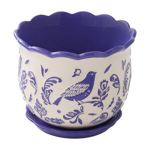 Pioneer Woman Mazie Ogee Embossed Ceramic Planter 8-in Bird Cobalt Blue White